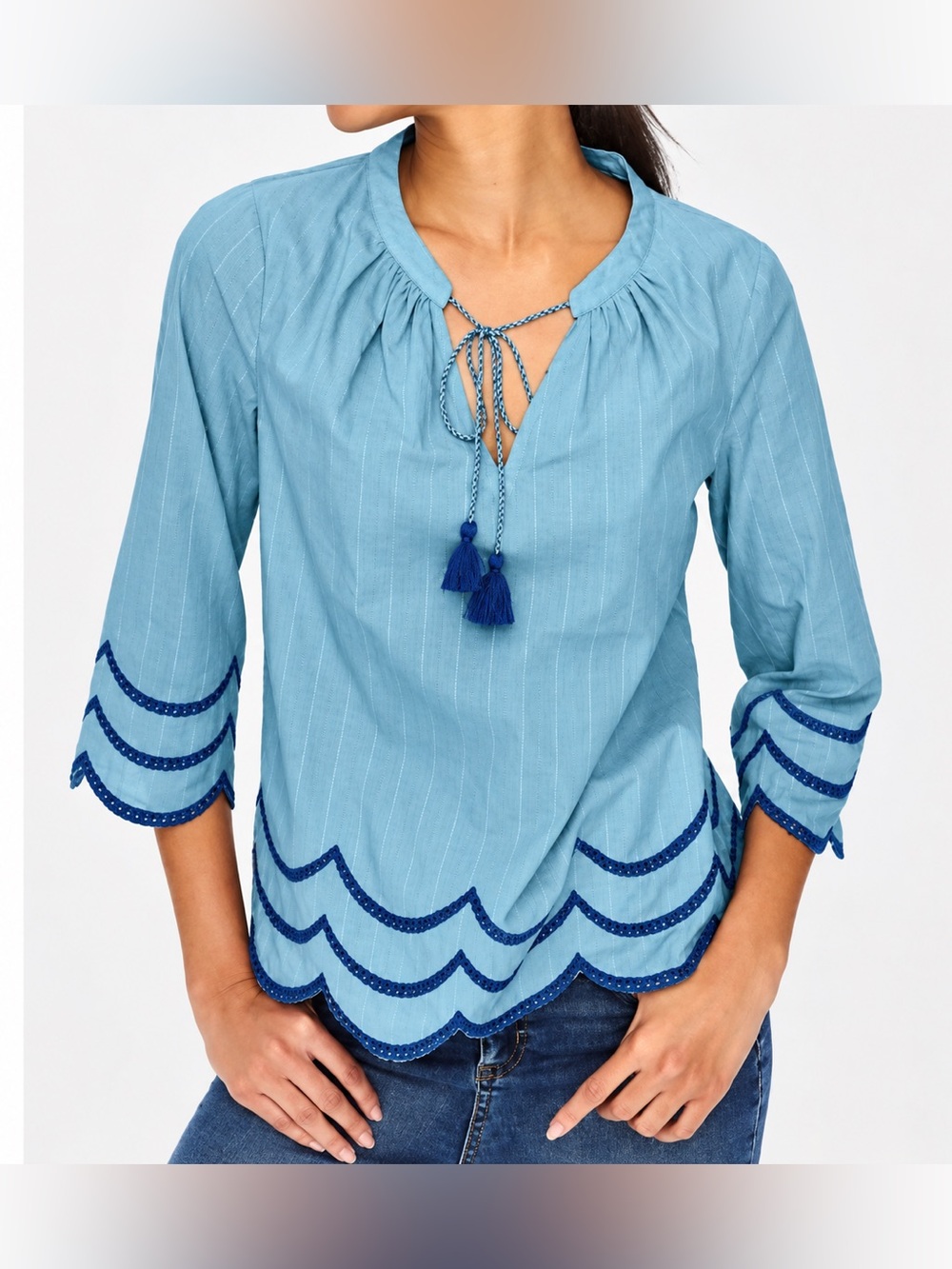 Boden Willa tassel light blue top, size 10